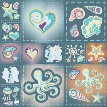 Navy vector seamless pattern. Waves, crab, wheel, anchor, star, heart Stock Illustration