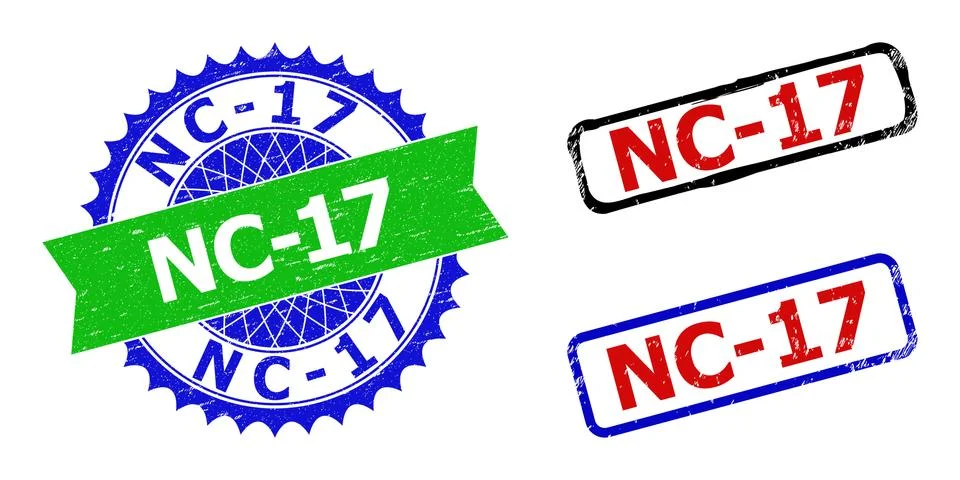 NC-17 Rosette and Rectangle Bicolor Badges with Corroded Styles Illustrazione stock