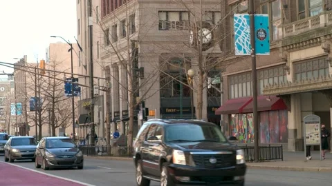NCAA Final Four Downtown Indianapolis People and Cars with Banners Stock Footage 150708349