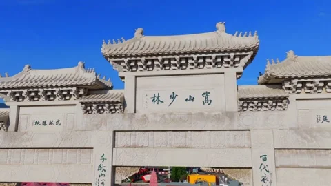Ncient buildings of Shaolin Monastery with flying pigeons at sunrise, sacred Stock-Footage 344224200