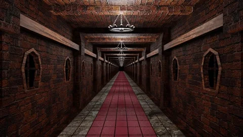 Ndless forward movement along a stylized corridor of a brick castle with red car Stock Footage 297451737