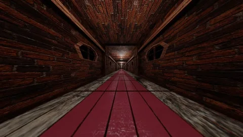 Ndless forward movement along a stylized corridor of a brick castle with red car Video stock 297451778