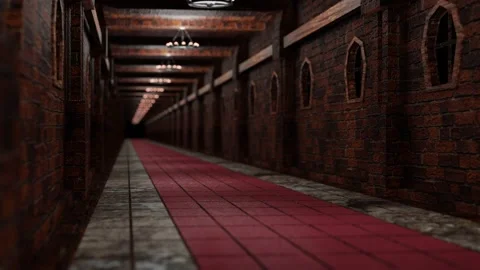 Ndless forward movement along a stylized corridor of a brick castle with red car Stock Footage 297451796