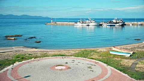 NEA RODA, GREECE - OCTOMBER 9, 2020: Port with moored boats and show scene near Stock Footage 155321168