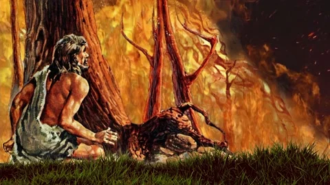 Neanderthal humans discovering the use of fire Stock Footage 163889678
