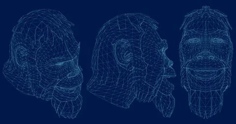 Neanderthal Man wireframe set, Front, side, isometric view. Vector illustration Stock Illustration