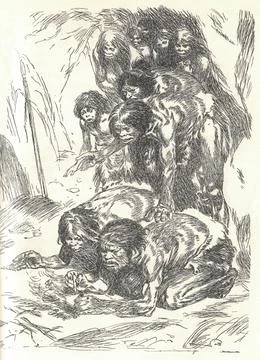 Neanderthals trying to start a fire. Depiction of a prehistoric culture. Ol.. Illustrazione stock