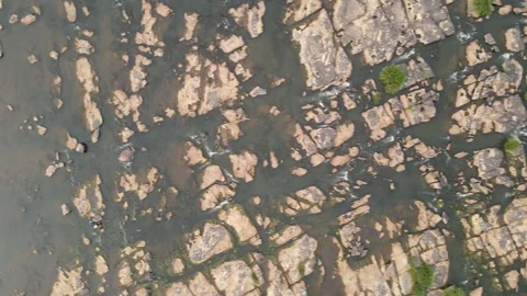 Nearly dried out riverbed drone top down view, concept of global warming Video stock 308788363