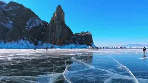 Nearly Static View of Cape Khoboy Above Cracked Lake Baikal Ice Video stock 342235813