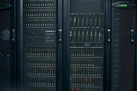 Neat and organized for an efficient computer network. industrial computers in a Stock Photos