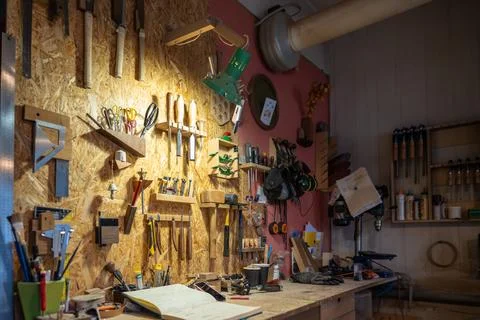 Neat carpentry studio, workstation workbench with carefully conveniently Stock Photos