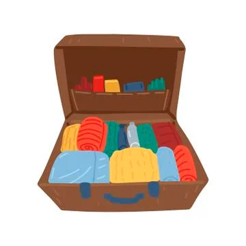Neat opened suitcase with clothes. Isolated on white background. Vector Stock-Illustration