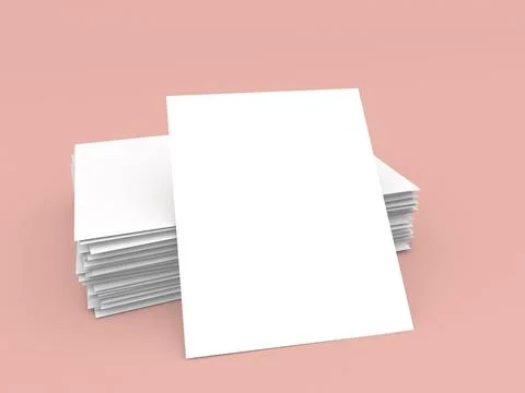 A neat stack of blank, white paper sheets rests on a soft pink background. Th Illustrazione stock