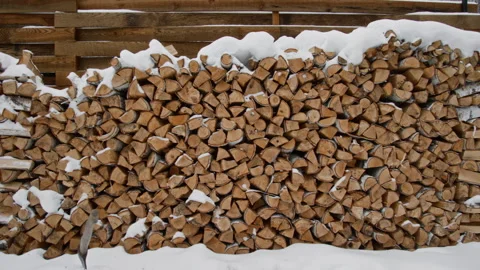 Neat Stack of Firewood in Yard of Rural Home in Winter Stock Footage 319800755