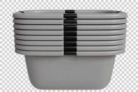 A neat stack of multiple light gray, rectangular plastic storage containers Fotos de archivo