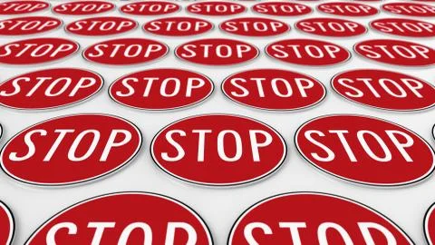 Neatly Ordered Grid of Circular Red Stop Signs on a White Surface Stock Illustration