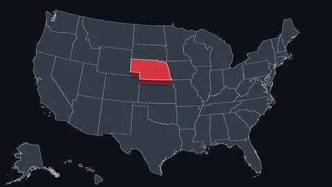 Nebraska Highlighted Raised in 3D on US Election Map Red Fill Scheme, Black Stock Illustration