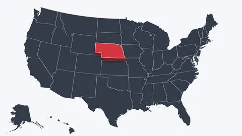 Nebraska Highlighted Raised in 3D on US Election Map Neutral Teal Amber, White Stock Illustration