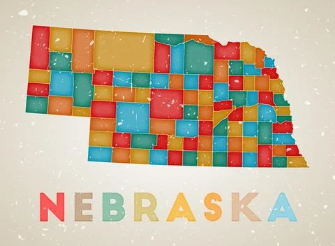 Nebraska map. Us state poster with colored regions. Old grunge texture. Vec.. 스톡 일러스트