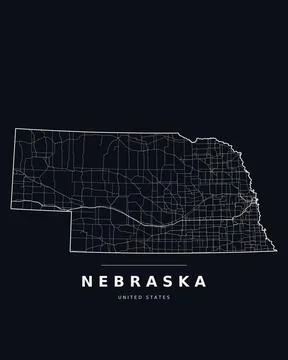 Nebraska NE Map Counties Highways Roads Dark Mode Editable Vector Stock Illustration
