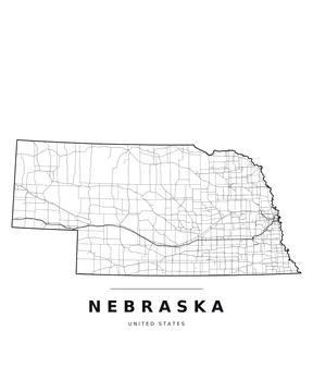 Nebraska NE Map Counties Highways Roads Black White Editable Vector Stock Illustration