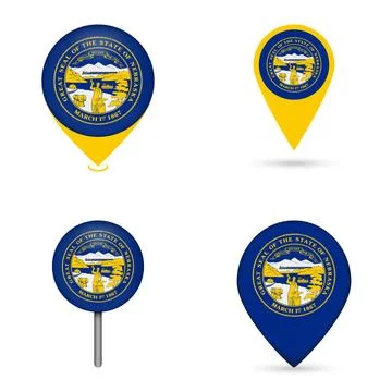 Nebraska State Flag Map Pin Icons Set Collection Stock Illustration