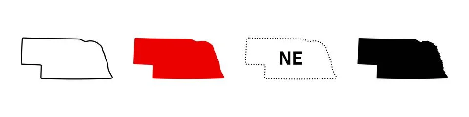 Nebraska state map icon set. US state silhouette in outline, solid, dotted .. Stock Illustration