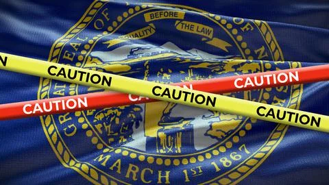 Nebraska state symbol flag with caution tape. 3D illustration Illustrazione stock
