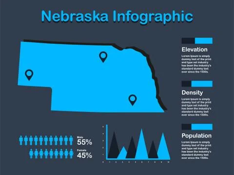Nebraska State (USA) Map with Set of Infographic Elements in Blue Color Stock Illustration