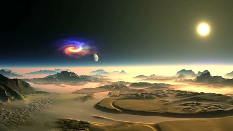 The Nebula and the Moon over Alien Planet Stock Footage 85655608