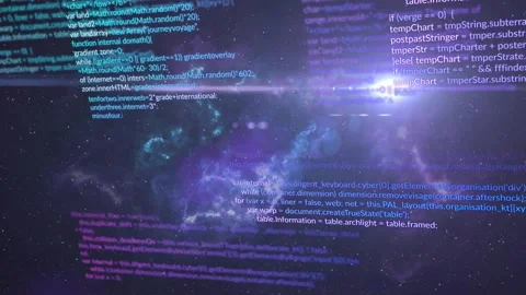 Nebula-code layers shifting while flare washing out then revealing code columns, 스톡 동영상 330258646