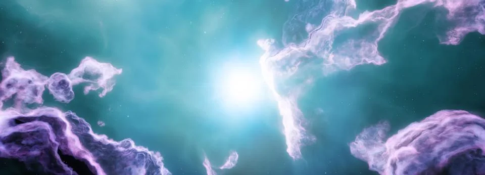 Nebula Interstellar clouds Panoramic View. Bright Star Shining Stock Illustration