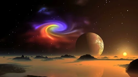 Nebula, Sunrise and Alien Planet Stock Footage 80885352