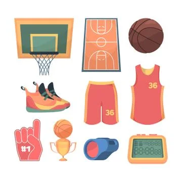 Necessary basketball things set. Lined sports court team red jersey and shorts Stock Illustration