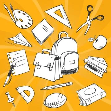Necessary students things - hand drawn stationery, school bags, food on colorful Stock Illustration