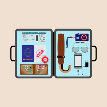 Necessary things for travel in an open briefcase on a light background. Top v Stock Illustration