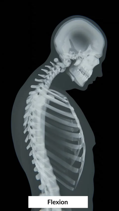 Neck flexion is the forward bending movement of the head and cervical spine Stockbeeldmateriaal 334995102