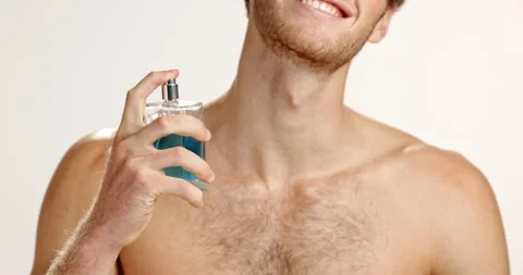 Neck, hands and man spray perfume for hygiene, grooming or fragrance on white Stock-Footage 312406287