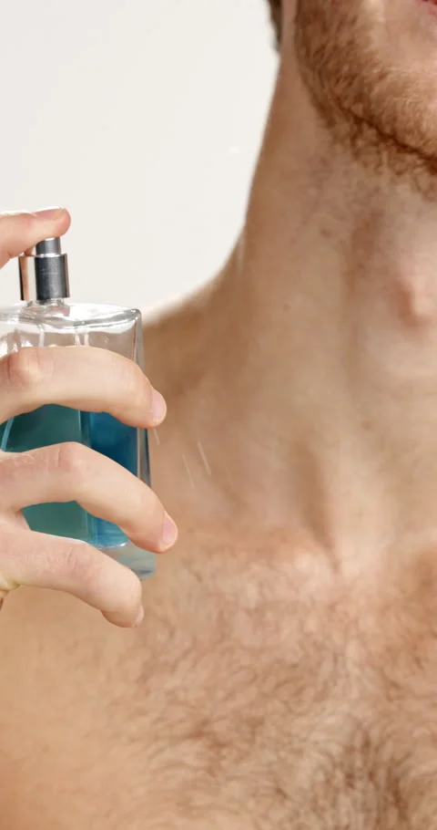 Neck, man and spray perfume for beauty, hygiene or scent for odor prevention Stock-Footage 312401734
