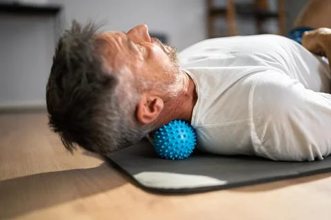 Neck Trigger Point Massage Using Spiky Ball Stock Photos