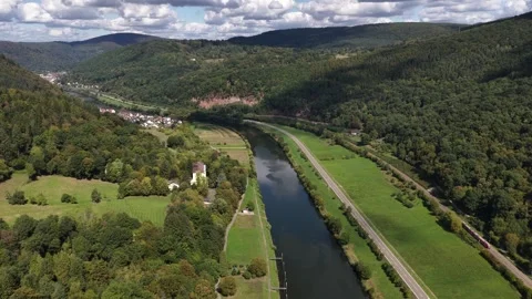 Neckar river winding through forested valley landscape Видео 347235767