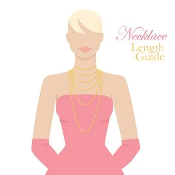 Necklace length guide vector illustration, beautiful blonde woman in golden Stock Illustration