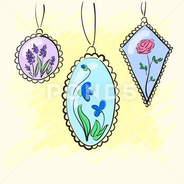 Necklace, medallions around his neck woman with a flower. Stock Illustration