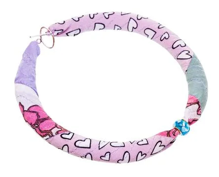 Necklace from patchwork silk string and glass ring top view of textile nec... Fotos de archivo