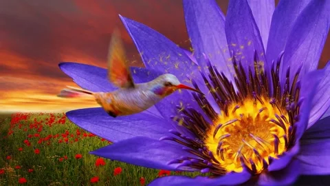The Nectar-Loving Hummingbird feasts in a field of poppies in California 4K Stock Footage 260328542