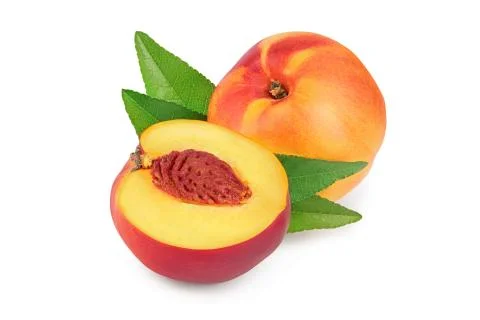 Nectarine fruit and half with leaf isolated on white background cutout Stock Photos