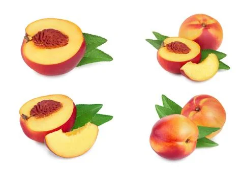 Nectarine fruit with leaf isolated on white background. Set or collection Stock Photos