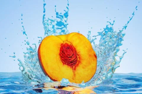 Nectarine or peach cut in half with water splashes, 3D rendering Stock Illustration