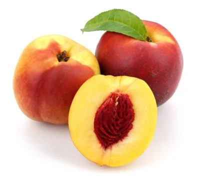 Nectarine peach with leaf on white background Stock Photos