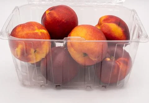 Nectarines in a plastic container on a white background. 스톡 사진
